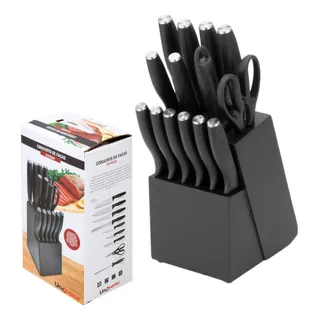 Conjunto De Facas Inox Com Suporte Tesoura 15 Peças Luxo Conjunto De Facas Inox Com Suporte Tesoura 15 Peças Luxo