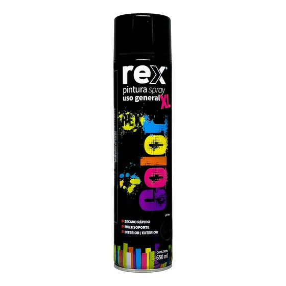 Pintura Spray Secado Rápido Rex Tamaño Xl Extra Grande 650ml Color Negro Brillante