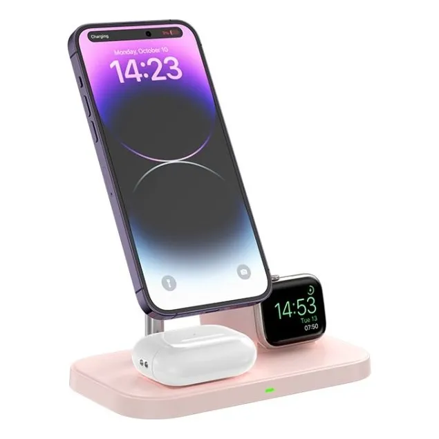 Mr. Gadgets Soporte De Carga Inalambrica 3 En 1, Estación De Carga 15w, Wireless Charger Tecnología Qi Base Cargadora Magnetica Charging Stand De Escritorio, Para iPhone/AirPods/apple Watch Color Rosa