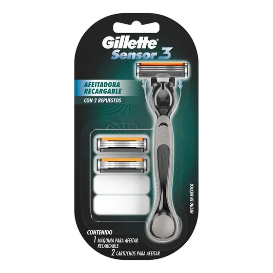 Máquina de Afeitar Gillette Sensor3 Recargable 1 Máquina + 2 Cartuchos