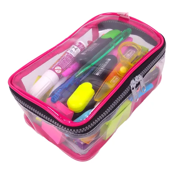 Estojo Escolar Box Grande Transparente Rosa Pink 100 Pens