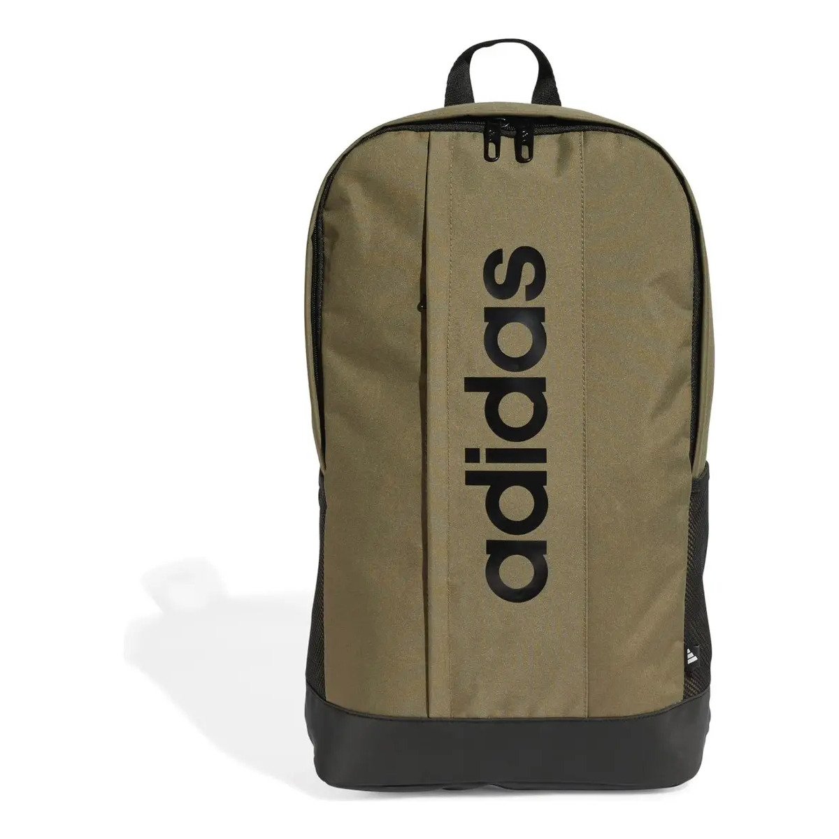 Mochila adidas modelo Linear na cor verde oliva com detalhes em preto e logo da marca na vertical