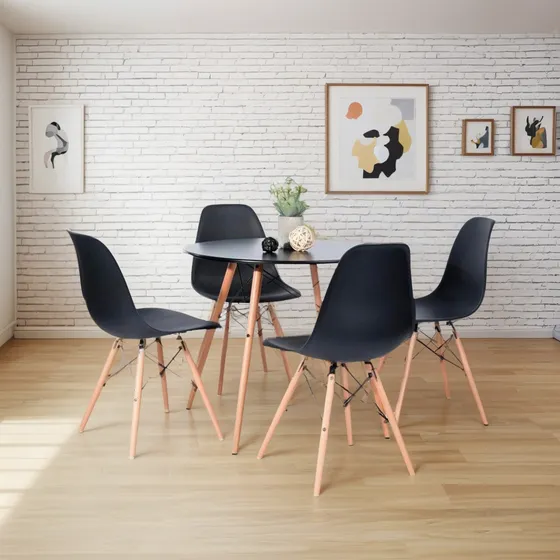 Kit Mesa Eames Minimalista Negra Y 4 Sillas Eames Negras