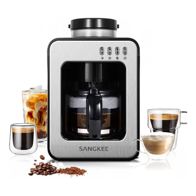 SANGKEE Cafetera de Goteo Automática con Molino Integrado, Intensidad Ajustable, Preparación Rápida, Función de Conservación de Calor, Antigoteo, de Fácil Limpieza, Capacidad de 0.6L, DPS-G1