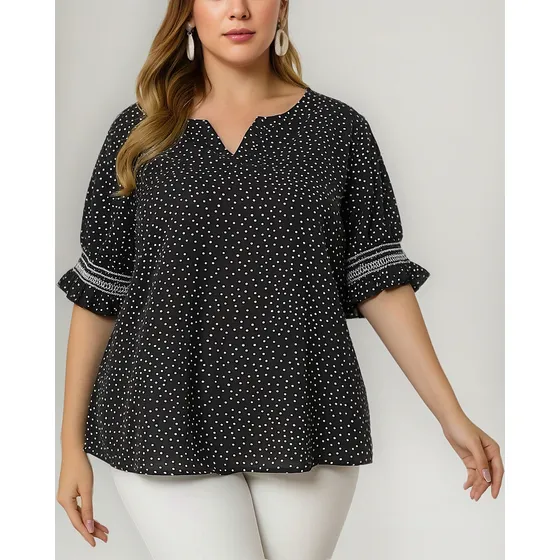 Blusa Talla Grande Mujer Top Bohemio Con Lunares Causal