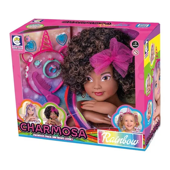 Boneca Charmosa Busto Rainbow Negra Unicórnio Cotiplás 2579