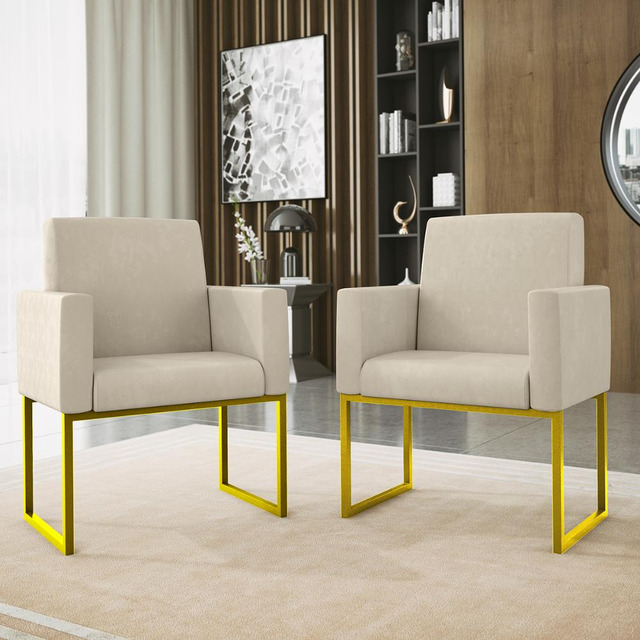 Kit 02 Poltronas Cadeira Sala Decorativa Base Ferro Dourado Kit 02 Poltronas Cadeira Sala Decorativa Base Ferro Dourado