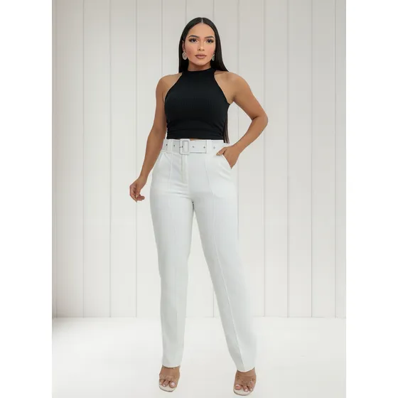 Calça Feminina Alfaiataria Com Cinto E Cintura Alta Elegante