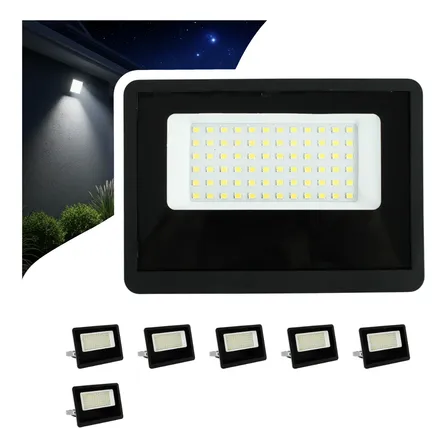 Kit 6 Refletor Led 300w Holofote Bivolt Prova D'água Frio 127/220v Preto Branco-frio