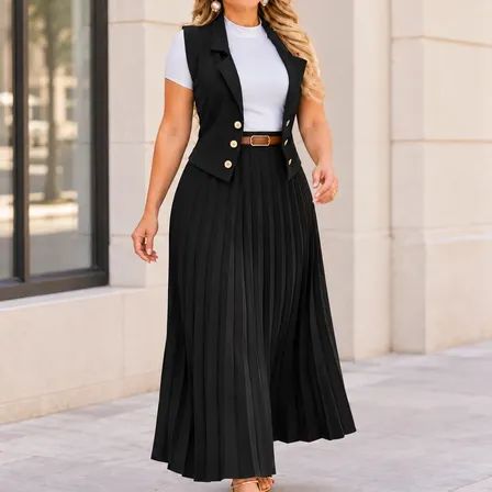 Conjunto Feminino; Colete, Saia Longa Plissada Cinto E Blusa