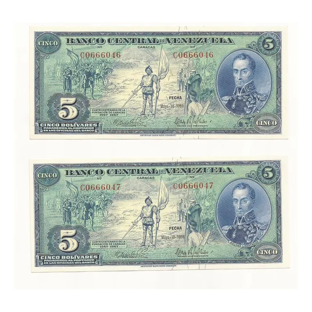 Antiguo Billete De 5 Bs De 1966 C-7, Dieguito, Consecutivos.