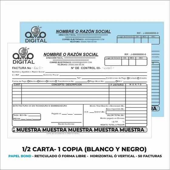 Talonario De Factura Seniat Media Carta Bond Blanco Y Negro