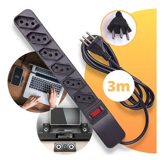Filtro De Linha Régua Extensão 6 Tomadas Protetor Elétrico Cabo 3 Metros 10a Cor Preto 127/220v 127/220v Isotel