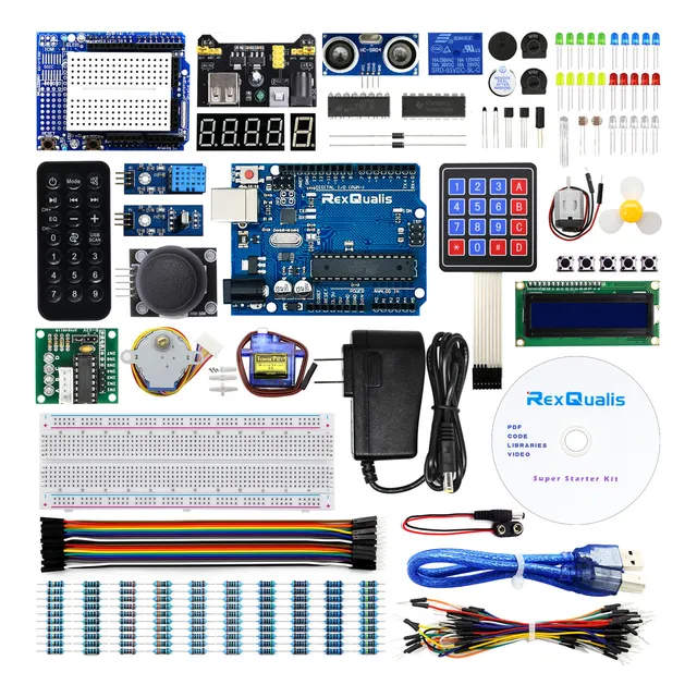 El kit REXQualis Compatible Con Arduino Uno Con Español Tutorial, Placa R3,Placa de pruebas 830, 120 resistencias y otros módulos diversos.