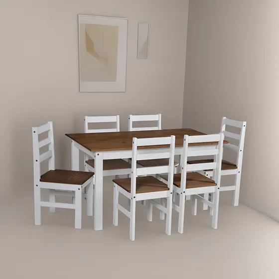 Juego De Comedor Mesa + 6 Sillas En Madera Blanco Y Castaño