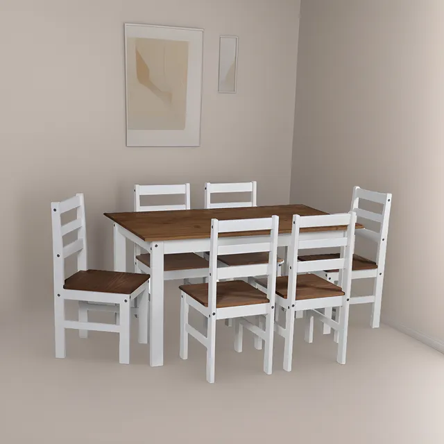Juego De Comedor Mesa + 6 Sillas En Madera Blanco Y Castaño