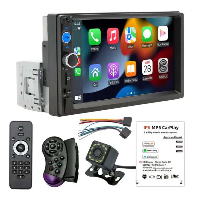 Autoestéreo Land Cast 7010D-Pro 1Din compatible con Apple Carplay Android Auto Mirror Link 7 Pantalla táctil IPS pulgadas Controlador inalámbrico en el volante Bluetooth Cámara de retroceso con 12 LED