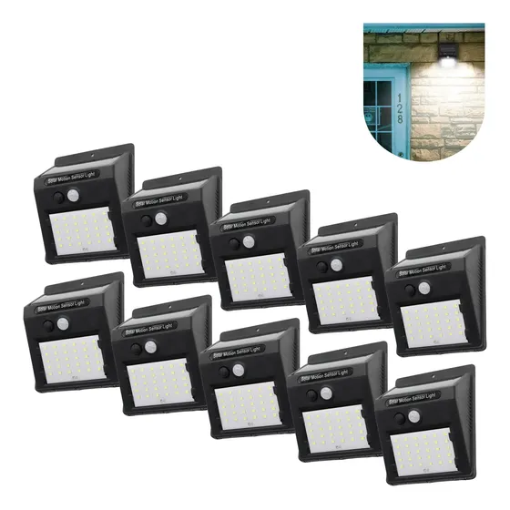 Kit 10 Luminária Solar Sensor De Presença Balizador 30 Leds