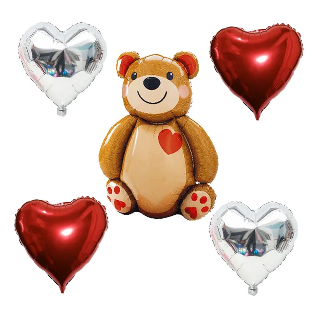 Globos Metalizado Oso Enamorado/corazones Bouquet 5 Pzas