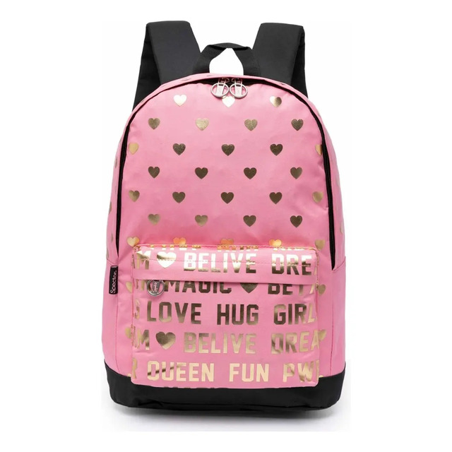 Mochila Spector Rosa Feminina Reforçada Preto Estampa Love