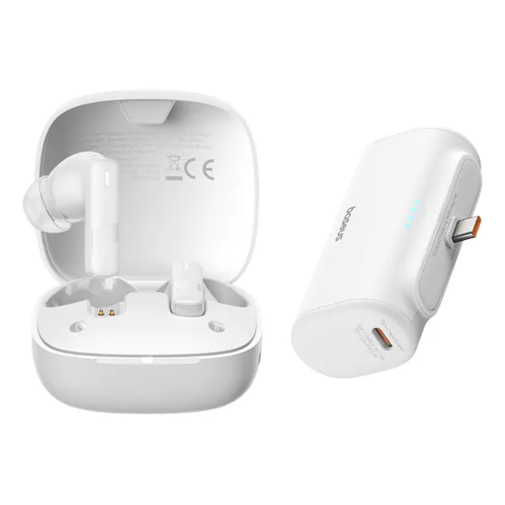Baseus Kit Audifonos Bluetooth 5.3 Bowie E20 33 Hrs Con El Estuche De Carga 6 Hrs Uso Continuo Cancelación De Ruido + Power Bank 5000mah 20w 2 Puertos Tipo C Bateria Portátil Color Blanco Carga Rápida