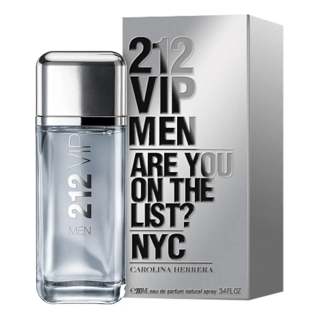 Frasco de perfume 212 VIP Men de 200ml ao lado de sua caixa prateada com a inscrição Are You On The List? NYC