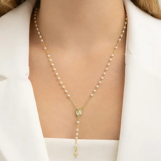 Colar Terço Nossa Senhora Pérolas Ouro 18k Enzara Feminino — foto 2