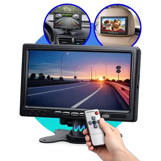 Monitor Automotivo LCD TFT 7 Polegadas Para Câmera De Ré Traseira e Frontal 2 Entradas AV RCA 12V 24V Tela Veicular Colorida Com Controle Remoto Portátil Fácil Instalação WMIX ELETRÔNICOS