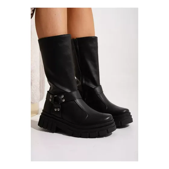 Botas Negras Mujer Araquina Ferb Estribos Cinto Moda