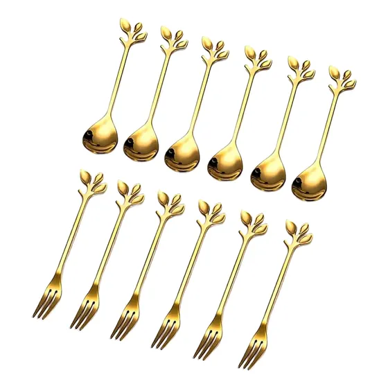 Set X6 Pares Cucharitas Y Tenedores Dorado Postre Café 12cm