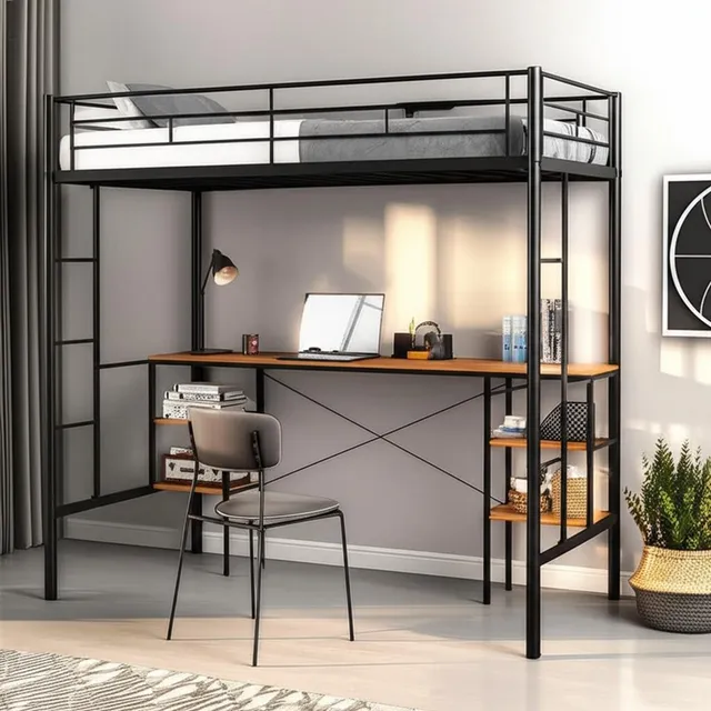 Litera Base Cama Matrimonial Escritorio Y Estación De Carga Color Negro
