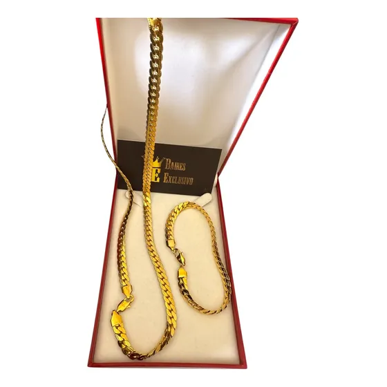 Cadena Y Pulsera Cubana Plana 5 Mm Enchapada En Oro 18k