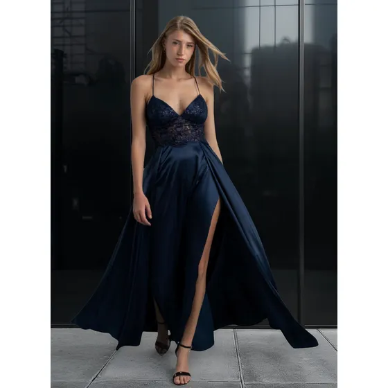 Vestido Largo De Fiesta En Satén Negro Y Encaje