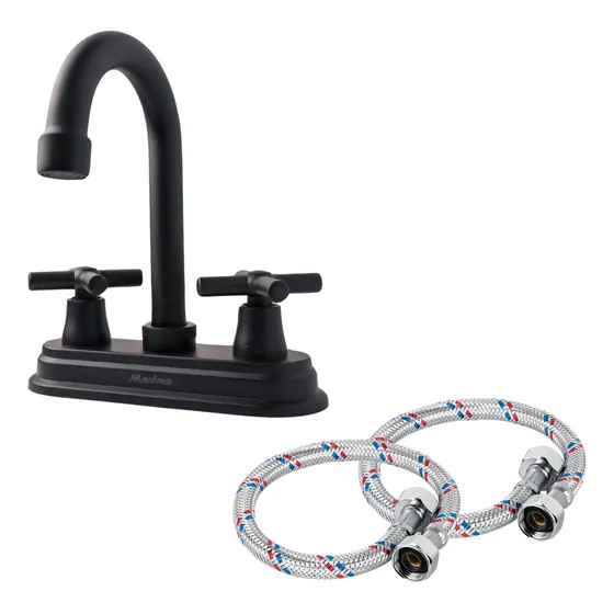 Llave Mezcladora De Lavabo Kitchenstoregdl 4004N Incluye Mangueras De Aluminio. Grifo Con Cuello Griratorio Color Negro Mate Para Baño.