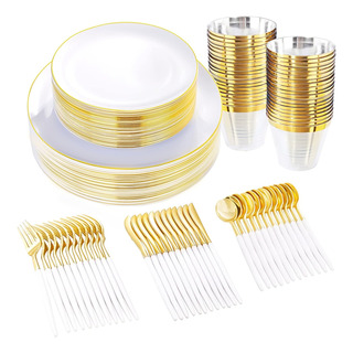 Platos Ligeros De Plastico Dorado De 180 Piezas, Cubierto... Platos Ligeros De Plastico Dorado De 180 Piezas, Cubierto...