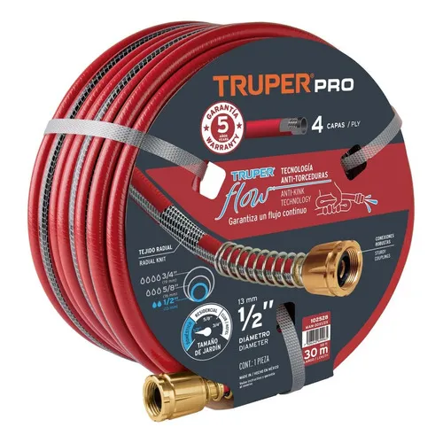 Manguera super reforzada 1/2'' 30 metros conex met Truper MAN-30X1/2X 102528 color rojo