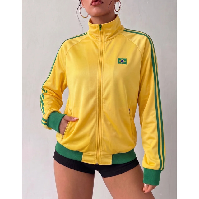 Jaqueta Feminina Brasil Gola Alta Zíper Moda Copa Do Mundo Amarelo Gg