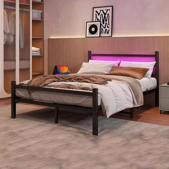 Metal Cama Queen Size Cabecera Luces Led Usb Recamara210x154