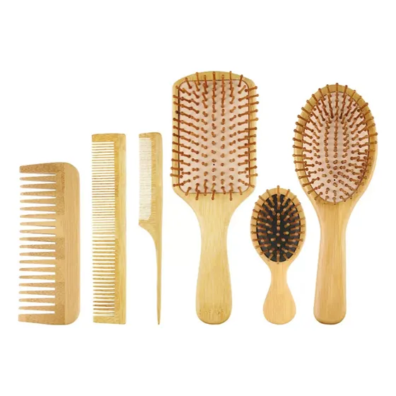 Set De Cepillos Y Peines Para El Cabello De Madera Bambu 6pz