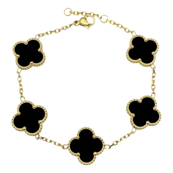 Pulsera Treboles De La Suerte Negros Acero Baño En Oro 18k