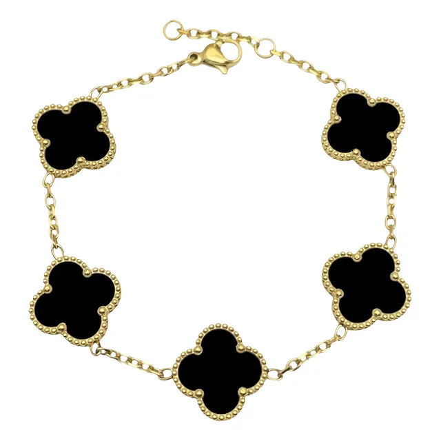 Pulsera Treboles De La Suerte Negros Acero Baño En Oro 18k
