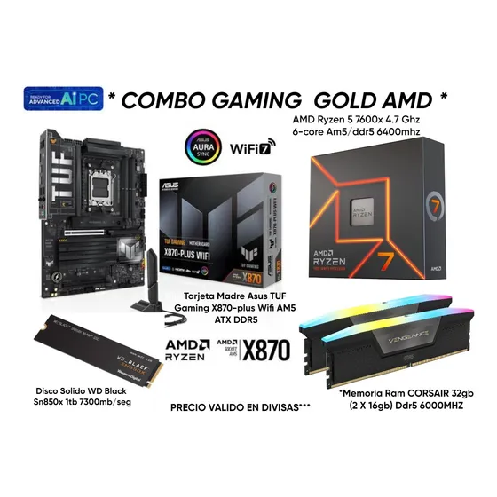 Combo Amd Ryzen 7 7600x + Tarjeta X870 + Ram 32gb Ddr5+ssd