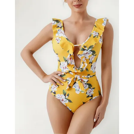 Traje De Baño Ruffle Amarillo Floral