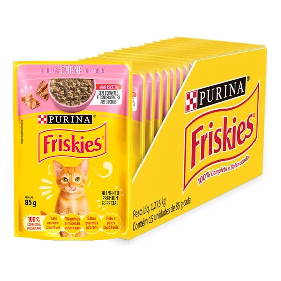 Ração Úmida Gatos Filhotes Carne 85g - 15 Sachês Friskies