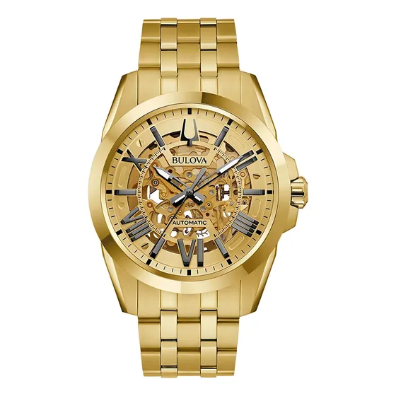Relógio Bulova Automatic Gold Skeleton 97a162 Gold para homem
