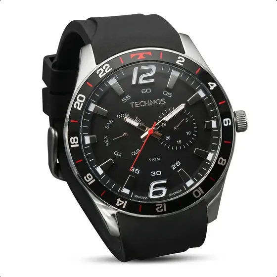 Relógio Technos Masculino 6P25BN/8P Analógico 46 Milímetros Pulseira Silicone Preto Macia Prova D´Agua 50m com Calendário