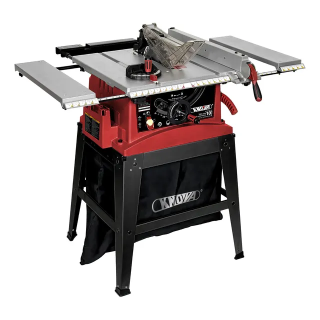 Sierra De Banco de 10 pulgadas Profesional Knova Bts-2511rc con Disco De Carburo 36 Dientes ,Motor 3 Hp 120v, 5000 Rpm, Mesa Con Extensiones, Bolsa Recolectora, Base De Acero, Color Rojo , Para Taller