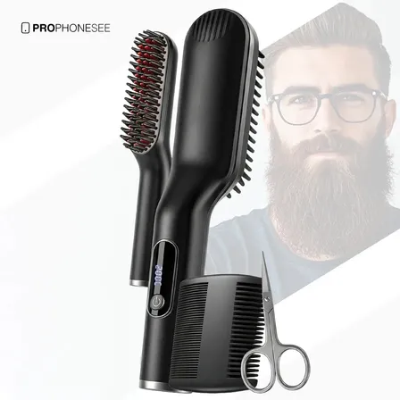 Kit Chapinha Barba Modeladora Profissional Masculina Escova Elétrica Prancha Alisadora Cabelo Bigode Cerâmica Anti Frizz Portátil Bivolt Quente 230°c Fio Giratório Mini Tesoura Pente Pequeno
