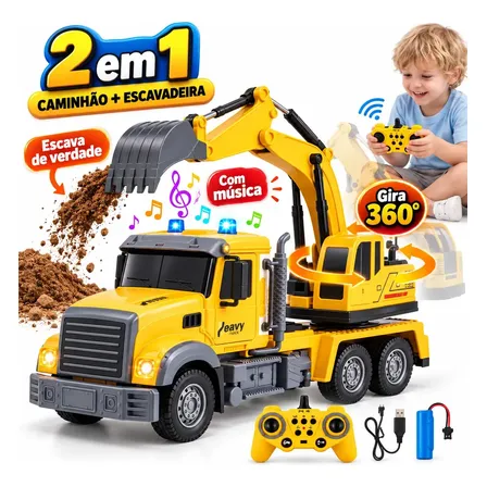 MoveBrinca Caminhão Com Escavadeira RC 11 Canais Escala 1:12, Controle Remoto 2.4GHz, Rotação 360°, Luzes E Sons Realistas, Braço Operacional Flexível,Bateria Recarregável,Material ABS E Liga Metálica