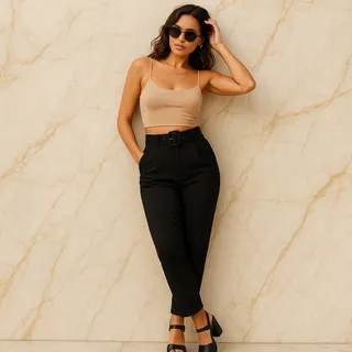 Calça Feminina Clochard Alfaiataria Social Com Cinto Forrado Calça Feminina Clochard Alfaiataria Social Com Cinto Forrado